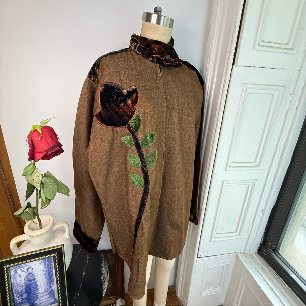 Brown Denim maximalist flower zip up velvet patch work bomber jacket - Picture 2 of 16